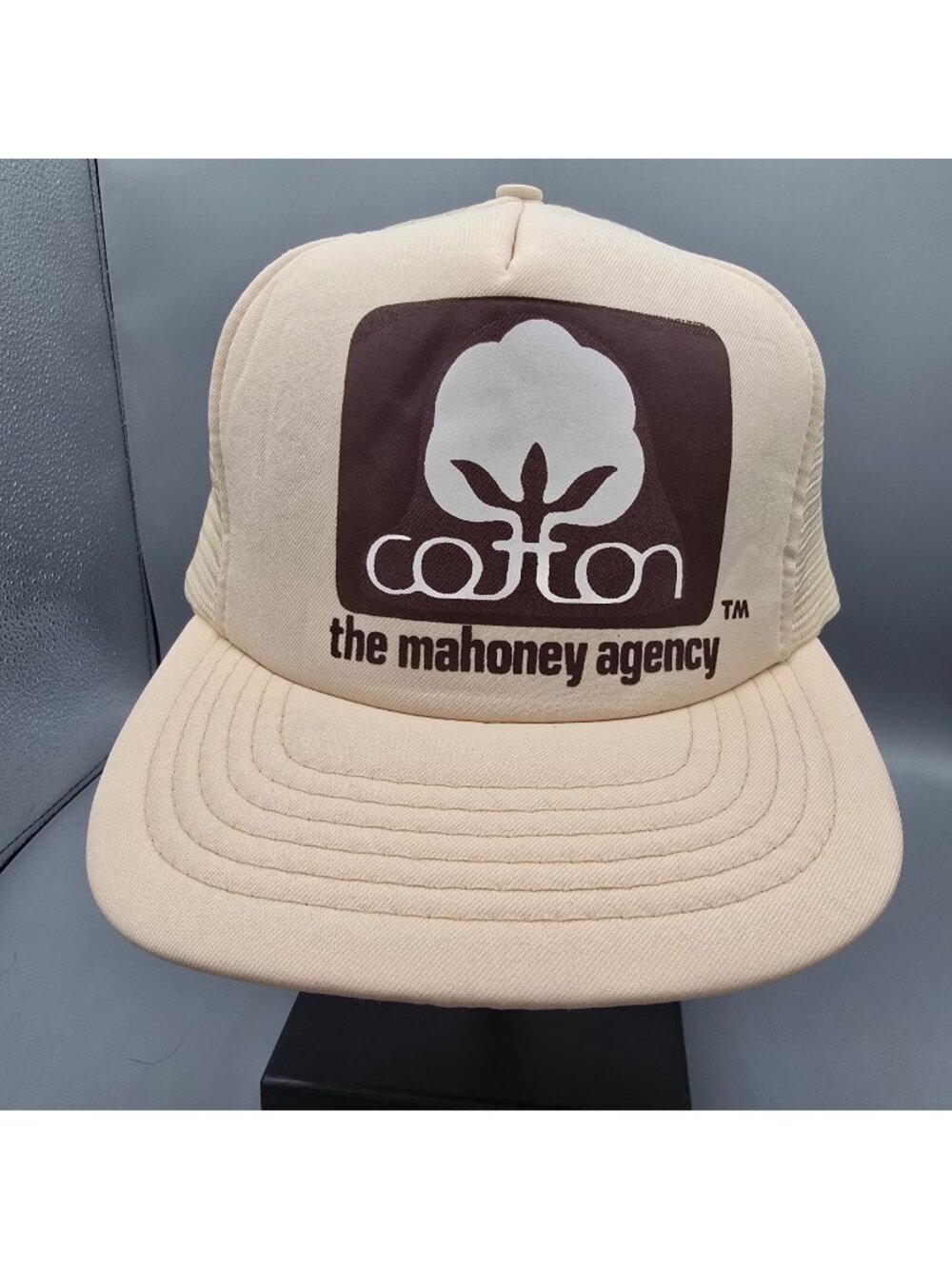 Vintage TOPAC The Mahoney Agency Seal of Cotton Beige Mesh Snapback Trucker Hat